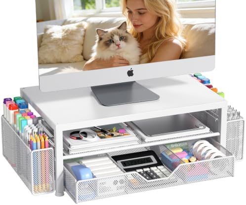 OPNICE Desk Organizers and Accessories, Computer Monitor Stand Riser with Drawer and 2 Pen Holders, Printer & Laptop Stand, Office Desk Accessories & Workspace Organizers for Home Office Supplies, Metal White by OPNICE
