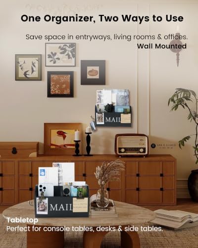 DLQuarts Solid Wood Mail Organizer Countertop or Wall Mounted, Matte Black - Image 3