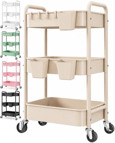 Beige 3 Tier Rolling Storage Cart Metal on Wheels, Cream Diaper Caddy Carts by Aofure