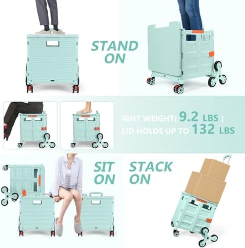 Foldable Utility Cart with Stair Climbing Wheels,Collapsible Rolling Crate with Magnetic Lid Telescopic Cover,Telescoping Handle,360° Rotate Wheel Hand Cart for Teacher Shopping Moving Grocery(Green) - Image 2