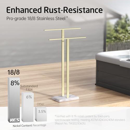KES Standing Towel Rack with Heavy Marble Base, 2-Tier, Brushed Gold - Image 6