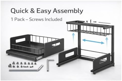 Under Sink Organizer 2 Tier Sliding Storage Rack – Carbon Steel Pull Out Cabinet Shelf for Kitchen & Bathroom, Heavy Duty Metal Under Cabinet Organizer. - Image 7