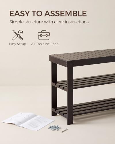 SMIBUY Sturdy Bamboo Shoe Rack Bench, 3-Tier Shoe Organizer, Storage Shelf for Entryway Hallway Bathroom Living Room (Dark Brown) - Image 6