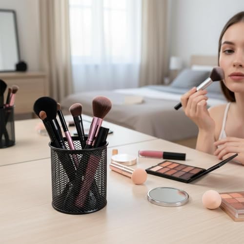Idika Metal Mesh Pencil Holder Round Pen Cups for Desk Organizer, Classroom & Office Supplies, Makeup Brush Holder - Image 2