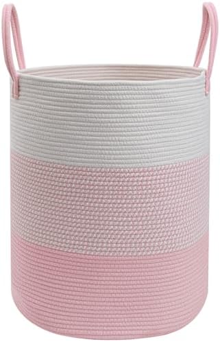 70L Pink Large Woven Laundry Basket, Clothes Hamper with Handles by HZFTJOY