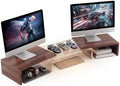 High-Clarity Dual Monitor Riser, Desk Organizer for Computer Monitor, Acrylic Monitor Riser with Keyboard Storage, Adjustable Angle & Length Computer Monitor Stand Walnut Look by Bingyouth