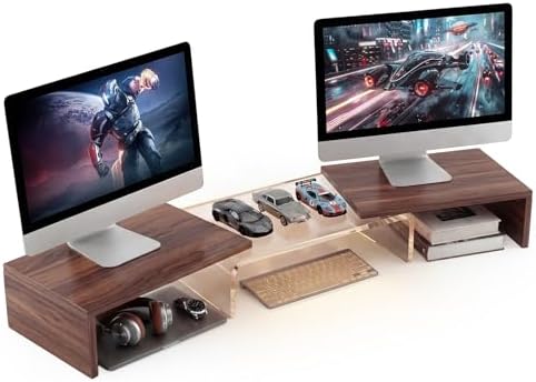 High-Clarity Dual Monitor Riser, Desk Organizer for Computer Monitor, Acrylic Monitor Riser with Keyboard Storage, Adjustable Angle & Length Computer Monitor Stand Walnut Look by Bingyouth