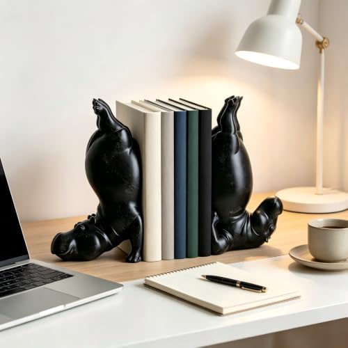 Black Resin Hippo Bookends Set of 2 – Heavy Duty Decorative Book Ends for Shelves, Unique Animal Book Stopper for Heavy Books, Hippo Decor for Home Office Bookshelf, Book Lover Gift - Image 4