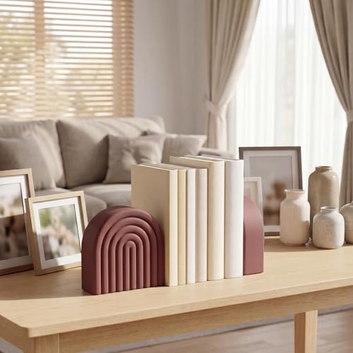 Brown 2 Pcs Boho Arch Concrete Bookends for Shelves, Rainbow - Image 3