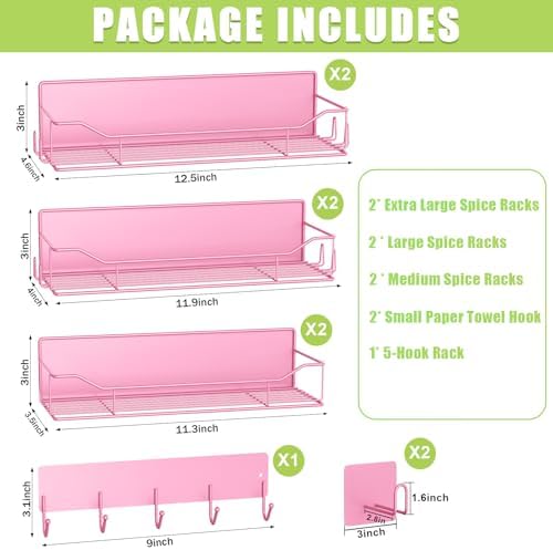 Magnetic Spice Rack for Refrigerator, 9 Pack Magnetic Fridge Shelves W/Adjustable Paper Towel Holder, Hook Rack, Moveable Spice Organizer Shelf for Kitchen Organization and Storage (Pink) - Image 2