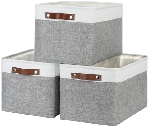 DULLEMELO Storage Baskets for Organizing, Rectangular Fabric Storage Bins Collapsible, Perfect for Shelves, Closets, Empty Gift Baskets (3-Pack Medium-15 inch X 11 inch X 9.5 inch , White&Grey) by DULLEMELO