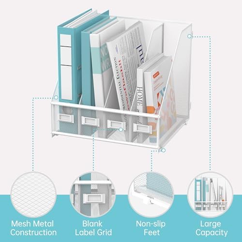 4-Compartment Magazine File Holder and File Organizer for Desk, White - Image 4