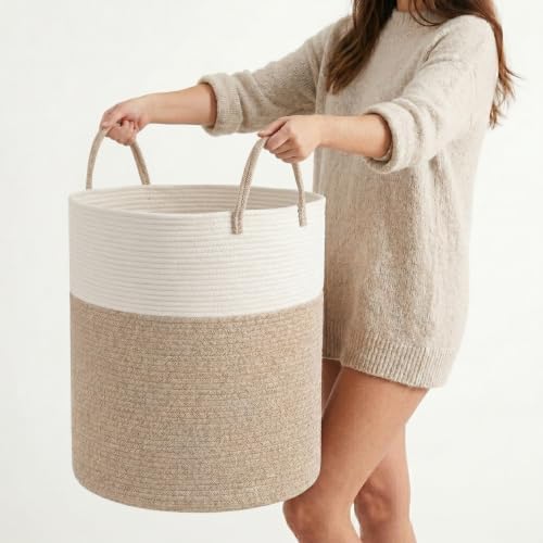 Large Cotton Rope Storage Basket 80L, White and Brown Woven Basket with Handles, Decorative Laundry Hamper for Bedroom Living Room, Tall Blanket Basket for Clothes Towels Pillows by Unknown