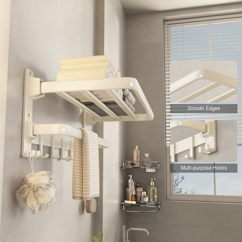 VOLDRA Towel Racks for Bathroom, 24-Inch Towel Shelf with Towel Bar Foldable Towel Holder with 7 Hooks Towel Storage Organizer for Bathroom & Lavatory Wall Mounted(Cream White) - Image 3