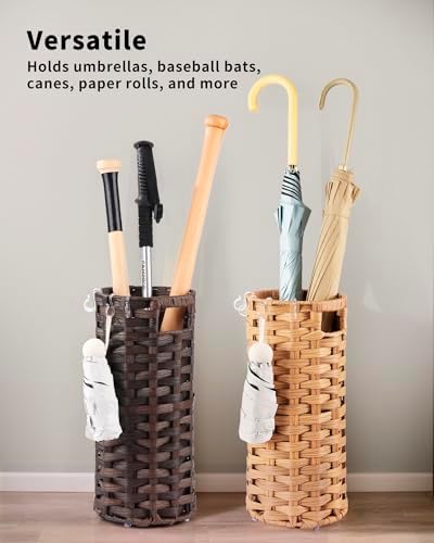 Rattan Umbrella Stand, Umbrella Holder for Entryway, Hand Woven Umbrella Rack Organizer Freestanding, with a Detachable Drip Tray, 4 Hooks, 7.5" L x 7.5" W x 16.5" H, Brown - Image 5