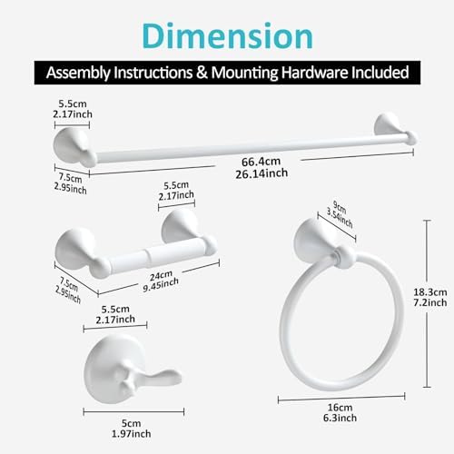 BGL Bathroom Accessories Set, White Paint Expandable Towel Bar 4-Piece Bathroom Accessory Set Wall Mounted Towel Ring Robe Hook Toilet Paper Holder Towel Holder - Image 7