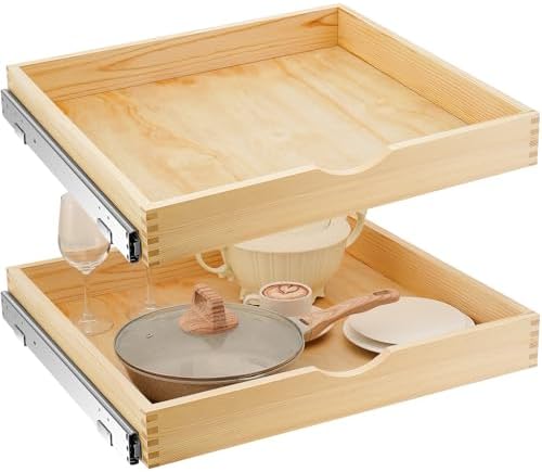 Menkxi 2 Set Wooden Pull out Cabinet Organizer Fully Assembled Slide out Pantry Drawer with Gentle Close Storage Shelf Tray for Base Kitchen Under Sink Bathroom Accessory(Wood Color,24'' X 21'' X 3'') by Menkxi