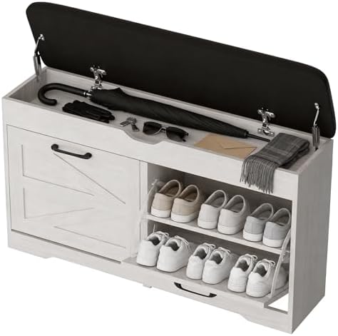 39" Shoe Storage Bench with Seat Cushion, Wood, Ash White by Unknown