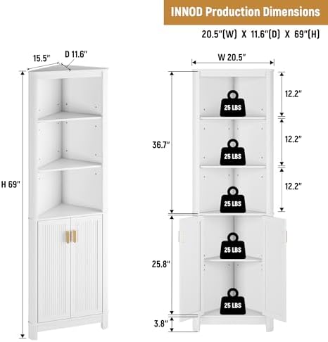 INNOD 69" Tall Corner Shelf with Doors, 6-Tier Corner Storage Cabinet with Doors, Space Saver Shelf for Bathroom, Bathroom Floor Cabinet for Living Room Kitchen, Hallway - Image 2