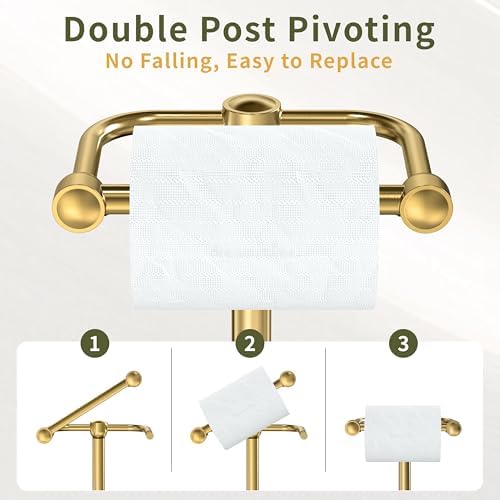 Toilet Paper Holder Stand, Modern Bathroom Free Standing Toilet Paper Roll Holder, Post Pivoting Toilet Paper Stand with Stainless Steel Tissue Rack, Rust-Proof & Heavy Stable Base（Brushed Gold） - Image 3