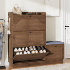 Shoe Cabinet with Bench, 4‑Flip Drawer Fluted Shoe Storage Cabinet with Removable Adjustable Shelves, Side Hooks & Anti‑Tip Device, Freestanding Entryway Shoe Organizer for Hallway, Walnut by Pekdi