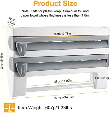 Magnetic Plastic Wrap Dispenser with Cutter Refillable Aluminum Tin Foil and Plastic Wrap Organizer for Kitchen Kitchen Roll Dispenser Grey - Image 2