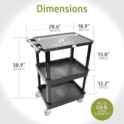Pearington 3-Shelf Multipurpose Mobile Utility Cart with 2 Bins and Lockable Wheels, Heavy-Duty Plastic Rolling Presentation Cart for Offices and Warehouses, Black - Image 6