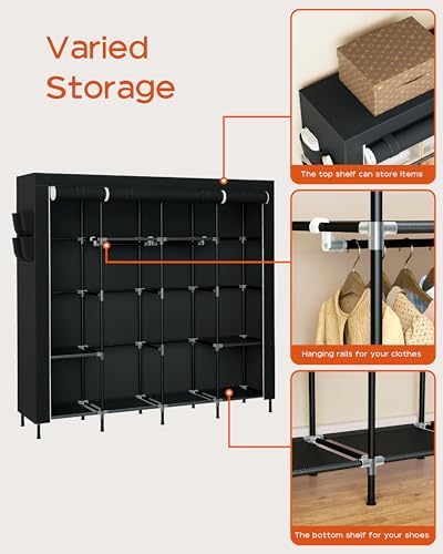CASAMAYA Portable Closet, 66.9 Inch Large Capacity Wardrobe Closet with Cover, Clothes Storage Organizer with Shelves and 4 Hanging Rods, Easy to Assembly, Black PCT204B01 - Image 6