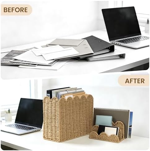 AELS Hand Woven Scalloped Basket Set of Mail Organizer and Magazine Holder, Coastal Style Mail Holder and Floor Magazine Rack, Boho Modern Farmhouse Book Basket Newspaper Bill Mail Sorter for Office - Image 5