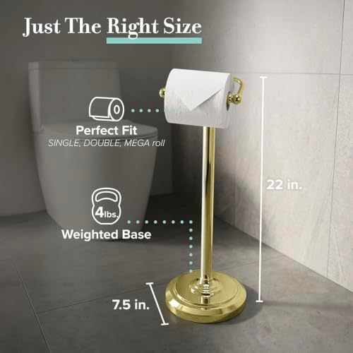 Home Accents Toilet Paper Holder Stand, Brass Finish, Freestanding Bathroom Floor Stand, Weighted Base, 22 Inch - Image 2