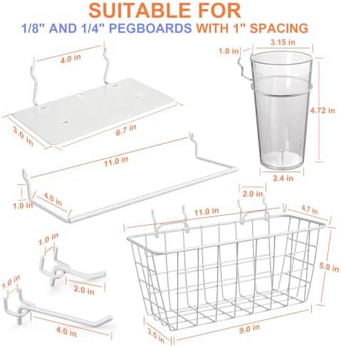 Pegboard Organizer Accessories, 18 Pack Baskets Cups Hooks (White+Clear) - Image 3