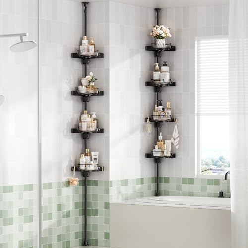 akinbas 360° Rotating Shower Caddy Tension Pole with 4-Tier Rustproof Lazy Susan 35-128 Inch No Drilling Coner Shelves Adjustable Shower Rack for Bathroom Bathtub Washbasin Plant Storage (Black) - Image 2