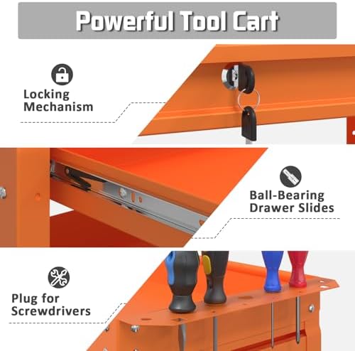3 Tray Rolling Tool Cart with Drawers, 400 LBS Capacity Mechanic Tool Cart on Wheels, Heavy Duty Utility Cart with Pegboard, Tool Storage Cart for Garage and Repair Shop, Orange - Image 6