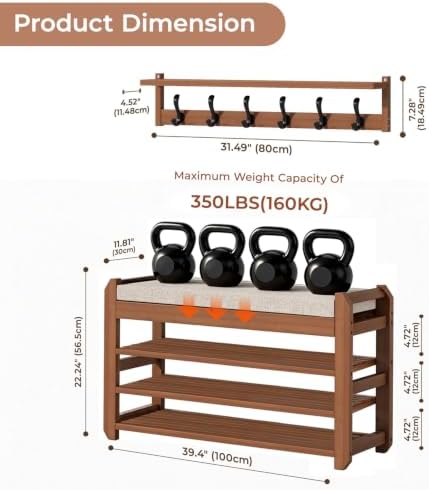 39.4" Shoe Rack Bench with Coat Rack 3-Tier, Entryway Storage Bench - Image 2