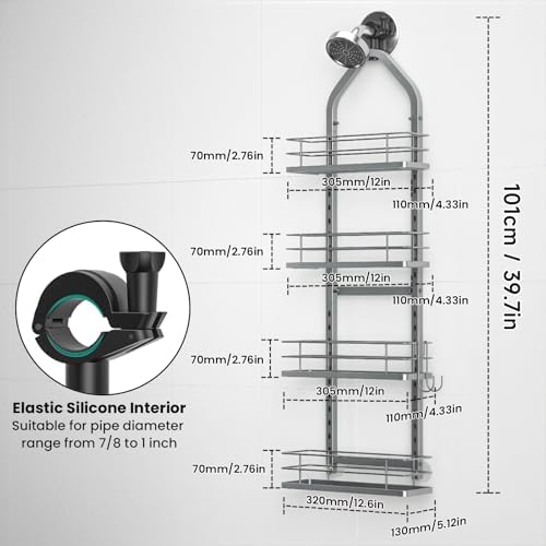 Shower Caddy Hanging (Silver), Adjustable Anti-Swing-Over The Shower Head Caddy, 4 Tier Height Bathroom Storage Organizer Bathroom Shelves Basket Rack Shower Caddies (4Tier) - Image 6