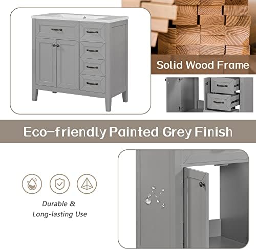 Flieks 36" Bathroom Vanity Without Sink, Cabinet Base Only, Bathroom Cabinet with Drawers, Solid Frame and MDF Board, Grey - Image 5