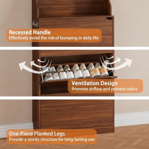 Walnut Hidden Shoe Cabinet with 3 Flip Drawer & Coat Rack, Entryway - Image 5