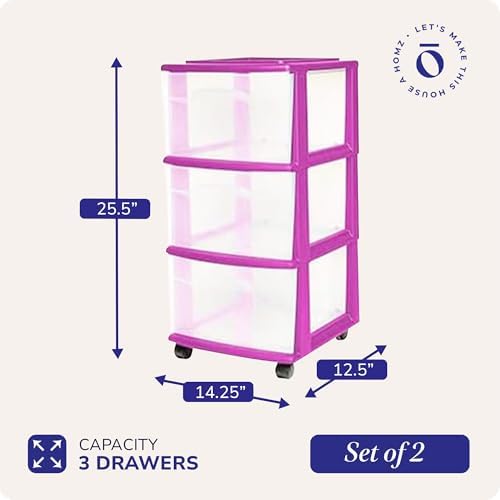 HOMZ Drawer Tower, 3-Tier Storage Cart w/Removable Wheels, Purple, 2 Pack - Image 3