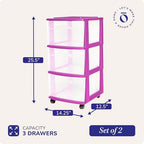 HOMZ Drawer Tower, 3-Tier Storage Cart w/Removable Wheels, Purple, 2 Pack - Image 3