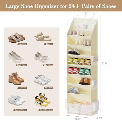 Criusia Shoe Storage, Over the Door Shoe Organizer, Hanging Closet Shoe Storage with Large Deep Pockets, Fits 16–24 Pairs of Sneakers, Sandals, Boots, Beige - Image 3
