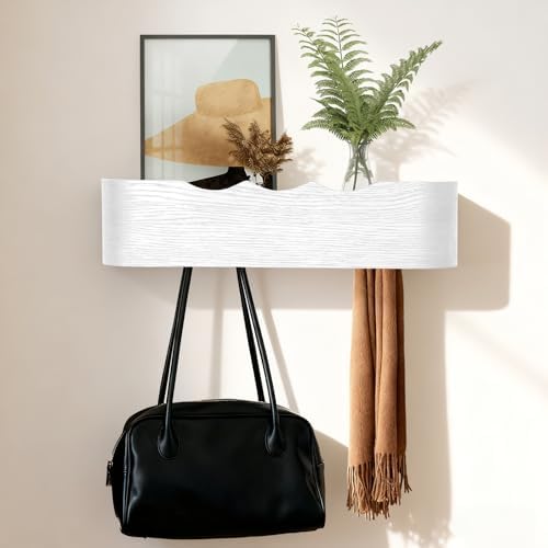 Coat Rack Wall Mount with Shelf Entryway Shelf Modern Key Holder Hanger Wall Shelves with Hidden Hooks for Hanging Towels Coats Hats Bags for Hallway Bathroom Bedroom (Wavy White, 4 Hooks) by FURNAWAY
