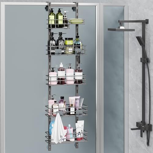 Orimade Over The Door Shower Caddy Adjustable 5 Tier Dark Grey,Bathroom Hanging Organizer Shelf Rustproof with 4 Hooks,Shower Basket with Soap Holder and Suction Cup by Orimade