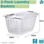 Home Logic 1.75 Bushel Plastic Laundry Basket with Hip Grip, Large Laundry Hamper with Handles, Ventilated Clothes Organizer for Bedroom Bathroom Closet, 2 Pack, White - Image 2