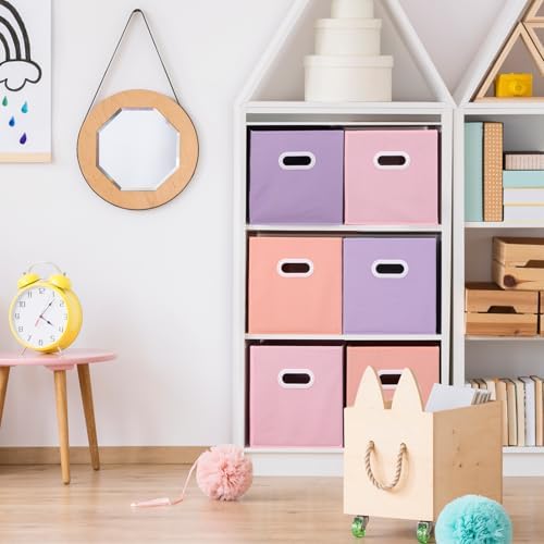 Stero Fabric Storage Cubes Bins, 13 inch Fun Colored Foldable Storage Baskets with Dual Plastic Handle for Home, Kids Room, Closet and Toys Organization, Multi Colored, Set of 6 - Image 4