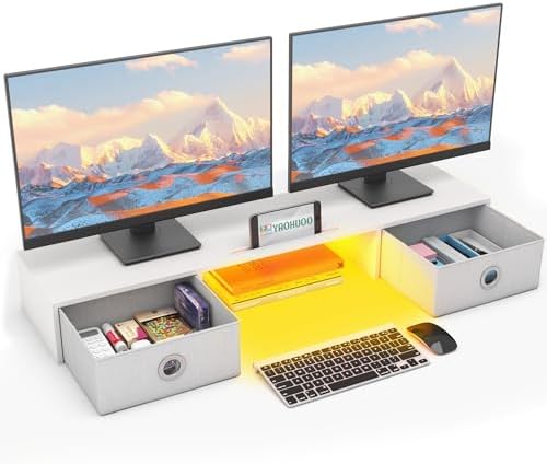 YAOHUOO Dual Monitor Stand with LED Light 2 Drawers, Computer Monitor Riser for 2 Monitors, Large Desktop Organzier with Storage for PC/Laptop/Computer/TV Screen/Printer by YAOHUOO