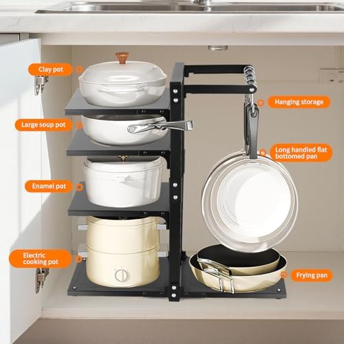 4-Tier Pot and Pan Organizer Rack, Adjustable Kitchen Cabinet Storage with Hooks, Black Metal, Space-Saving Cookware Holder - Image 5