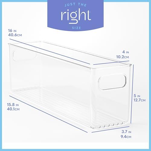 Plastic Food Storage 2 Pack Clear Container Bin with Handles for Organizing Kitchen, Pantry, Refrigerator, Freezer, Pantry, Cabinet, Closet, Bathroom. 16”x4”x5” - Image 3
