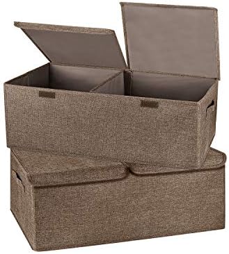 2 Pack Storage Boxes with Lids and Handles, Collapsible Linen Storage Bins Organizer Containers Baskets Cube with Removable Divider for Home Bedroom Closet Office (Coffee, Small) by Unknown