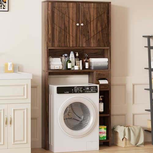 Shintenchi Over the Toilet Storage Cabinet, Bathroom Storage Cabient with Barn Doors, Bathroom Storage Shelf Organizer with Toilet Paper Holder, Adjustable Shelf and Anti-Tip Device, Walnut - Image 3