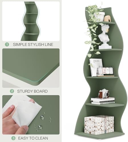 Tribesigns Corner Shelf, Modern 5-Tier Wall Corner Bookshelf, Stylish Corner Small Bookcase Storage Rack Plant Stand with Unique Shape for Living Room, Home Office (Sage Green, 2PCS) - Image 6